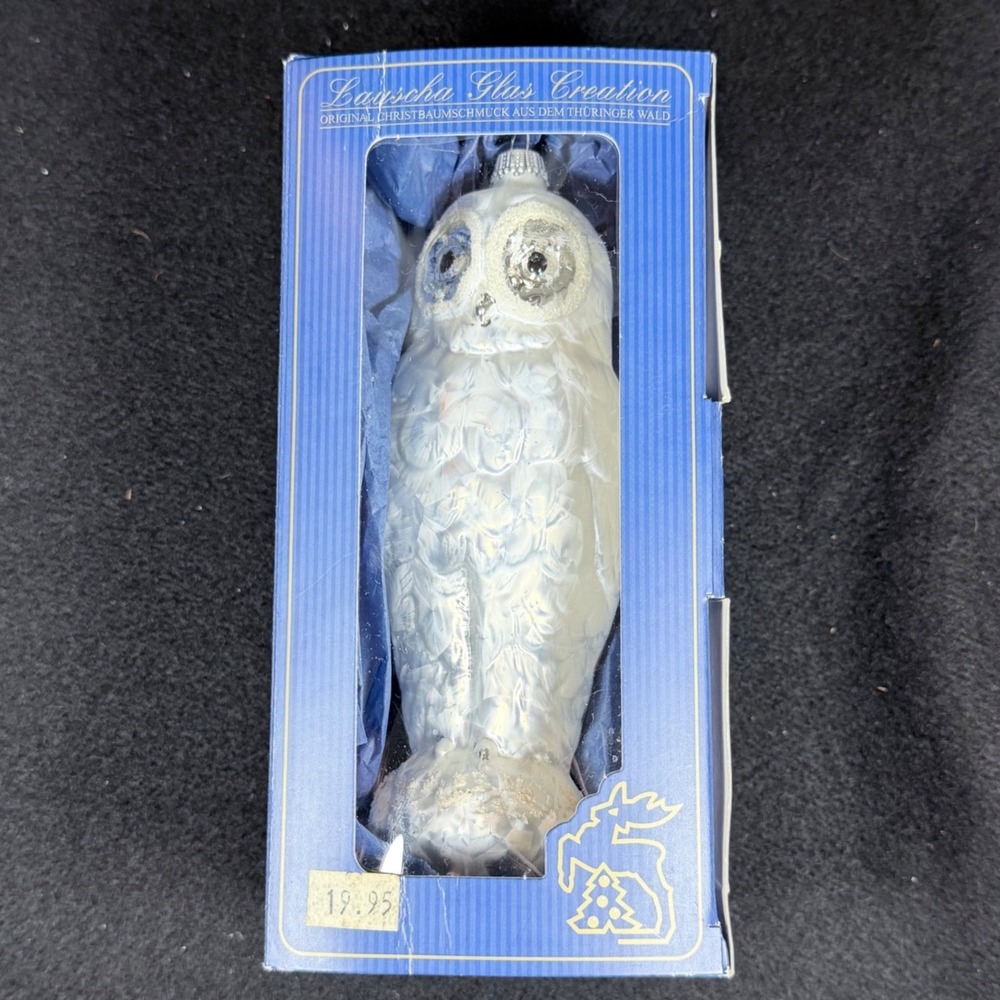 Vintage German Glass Owl Christmas Ornament Iridescent White Thuringia 6.5"